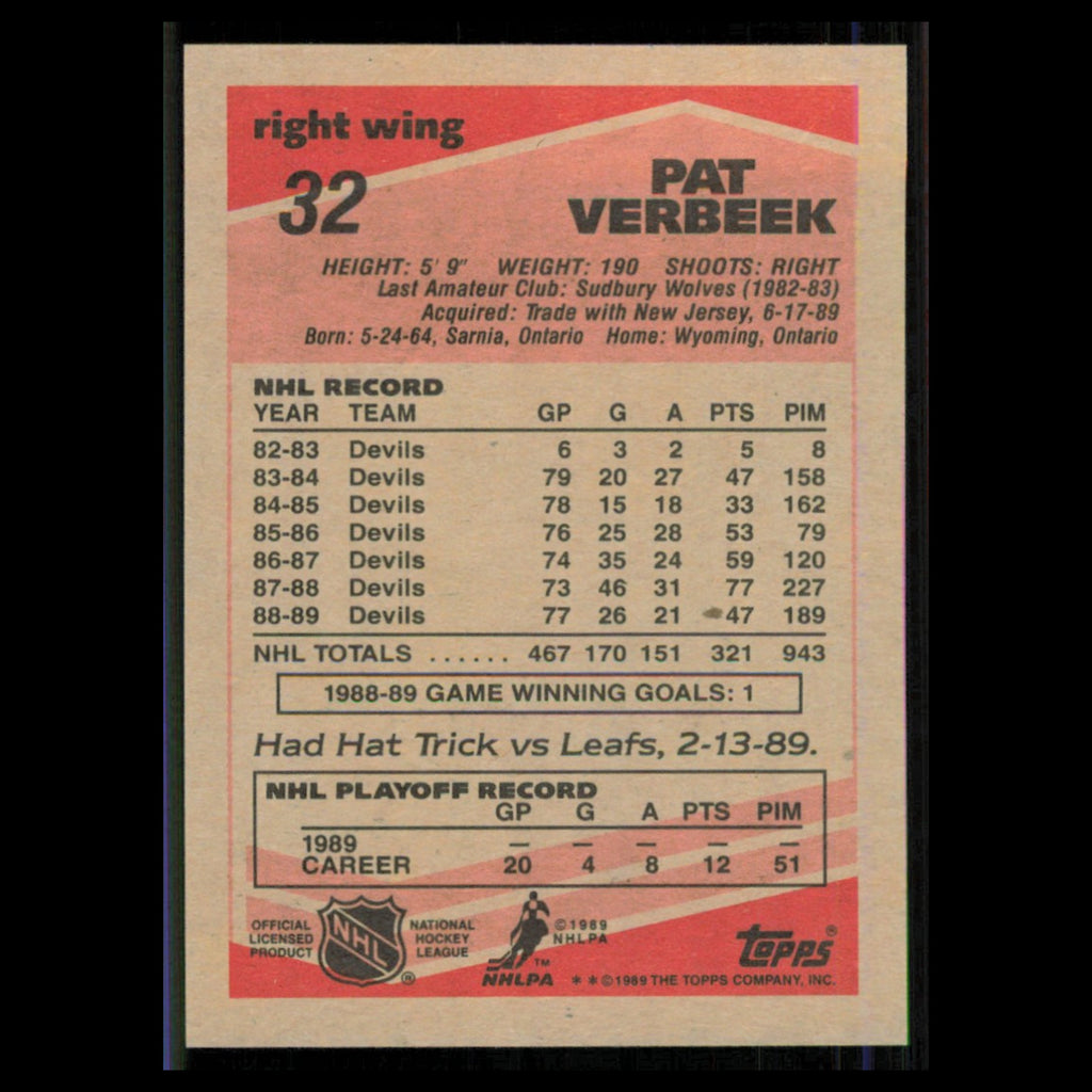 Pat Verbeek #32 1989 Topps Hartford Whalers Hockey Card NHL NM