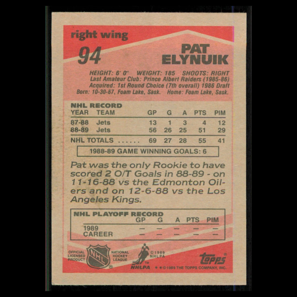 Pat Elynuik Rookie #94 1989 Topps Winnipeg Jets Hockey Card NHL NM