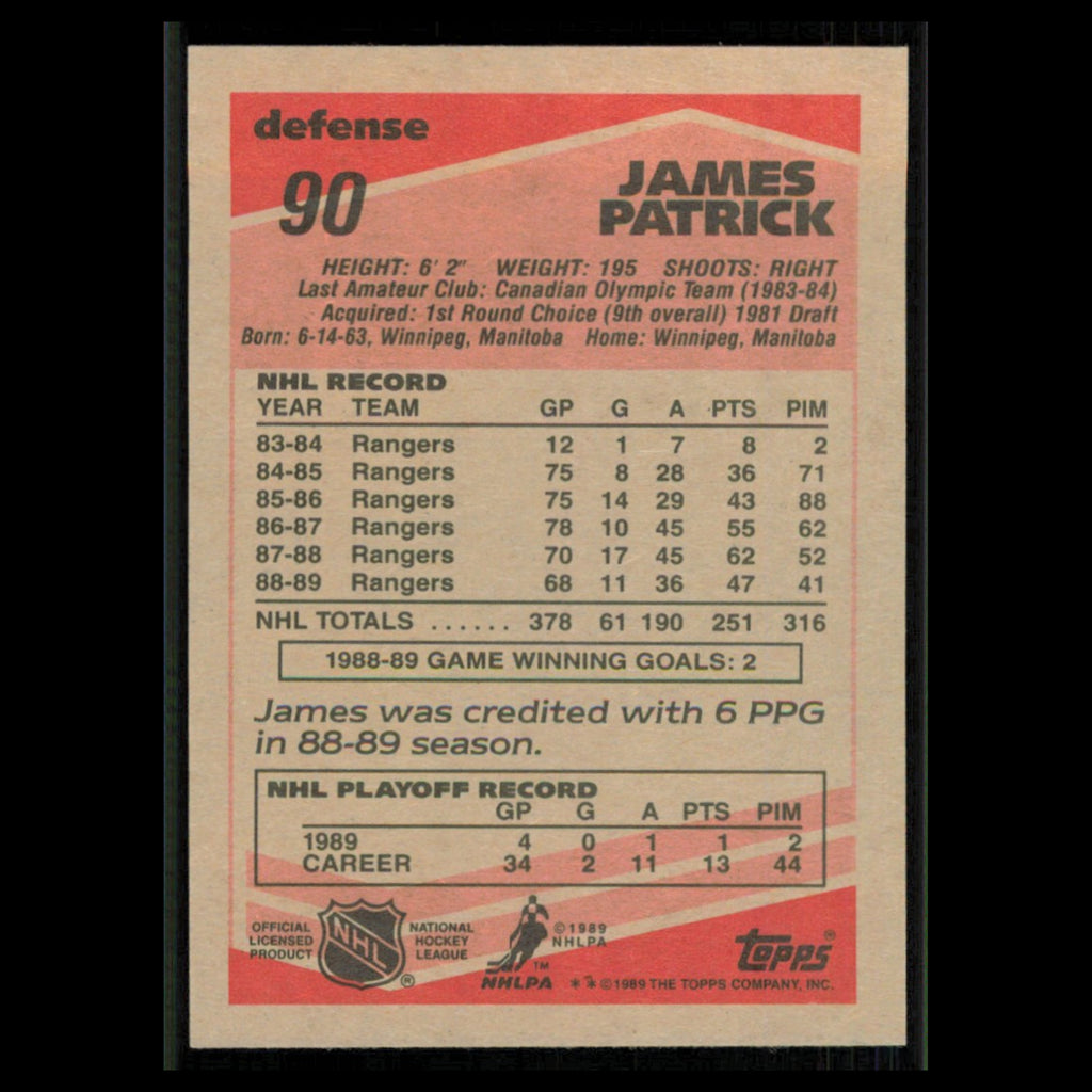 James Patrick #90 1989 Topps New York Rangers Hockey Card NHL NM