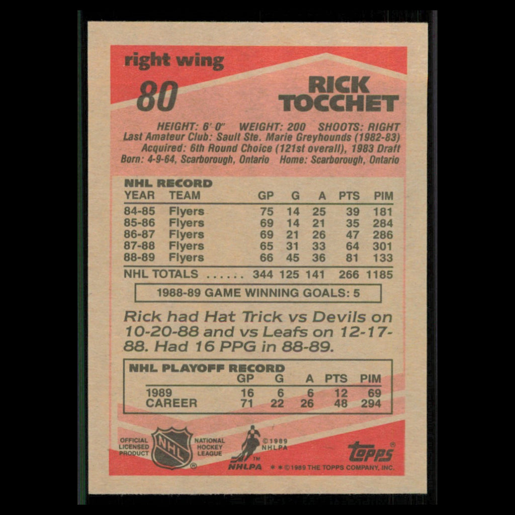 Rick Tocchet #80 1989 Topps Philadelphia Flyers Hockey Card NHL NM