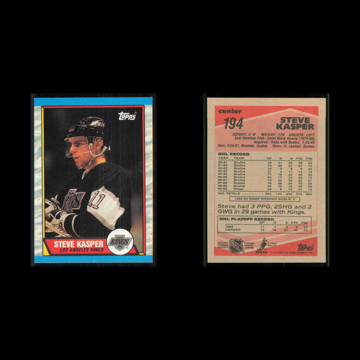 Steve Kasper #194 1989 Topps Los Angeles Kings Hockey Card NHL NM