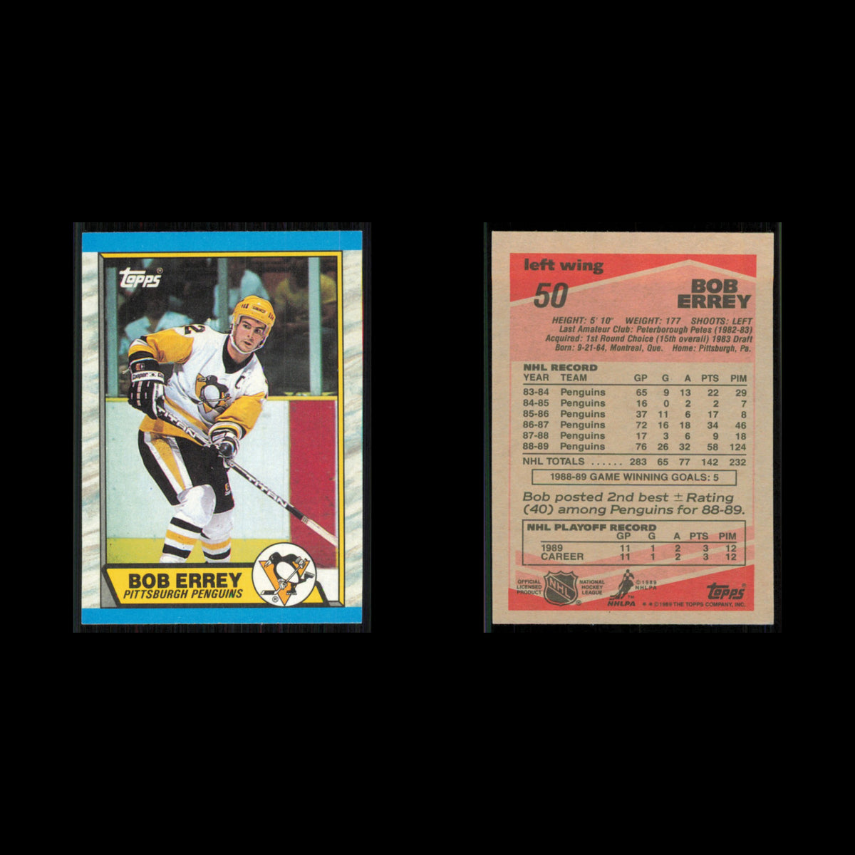 Bob Errey Rookie #50 1989 Topps Pittsburgh Penguins Hockey Card NHL NM