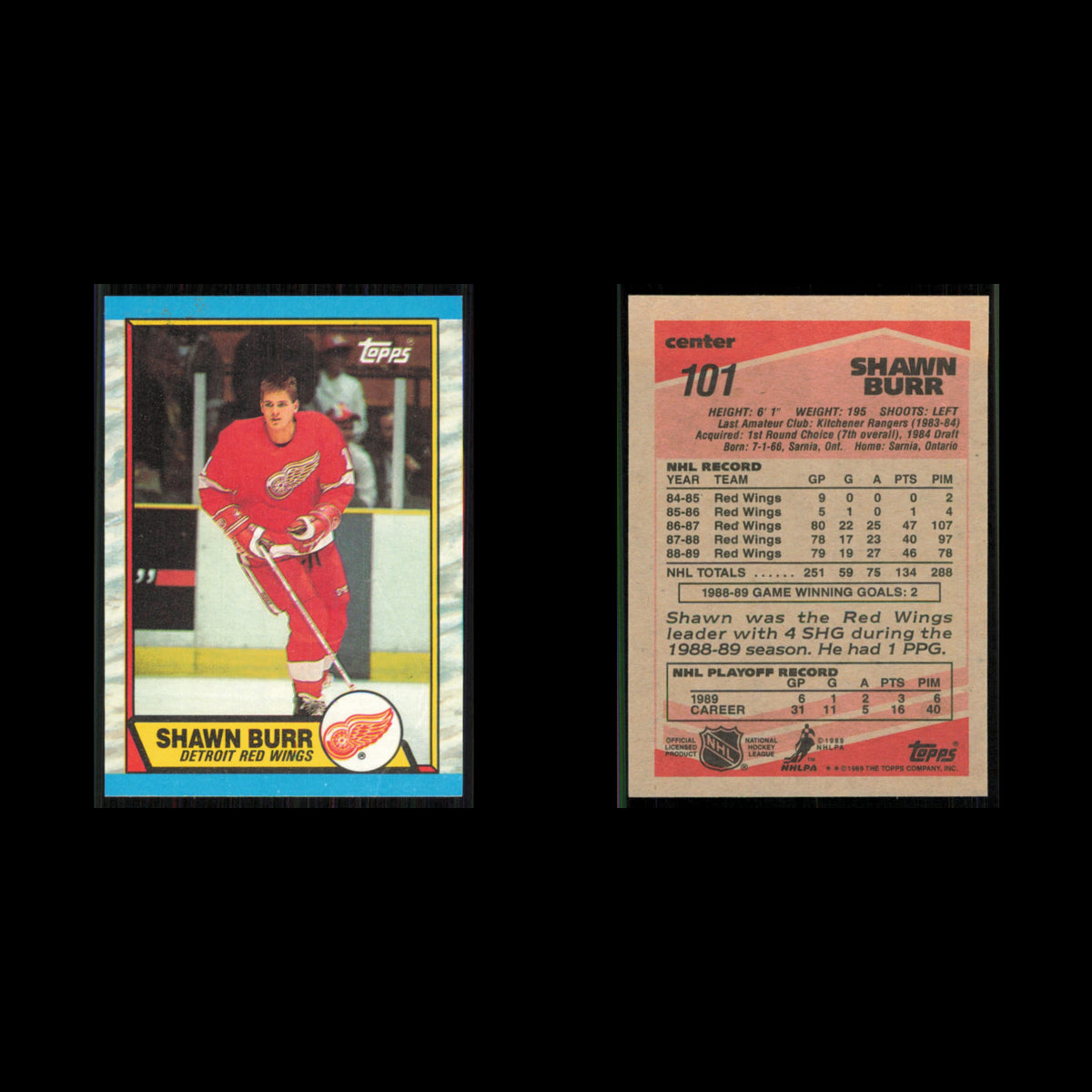 Shawn Burr #101 1989 Topps Detroit Red Wings Hockey Card NHL NM
