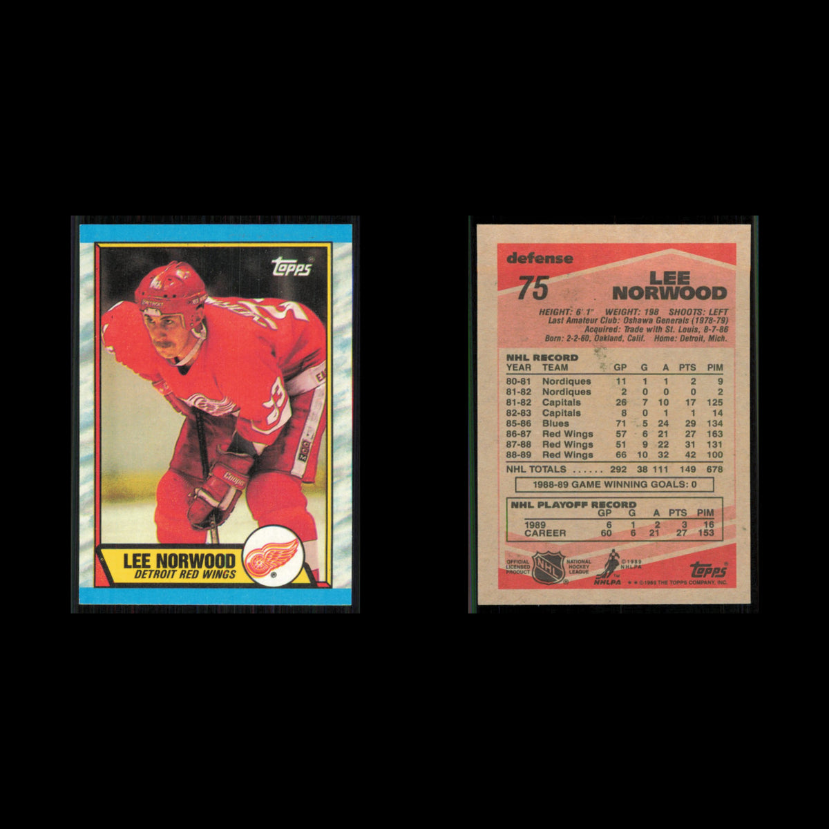 Lee Norwood #75 1989 Topps Detroit Red Wings Hockey Card NHL NM