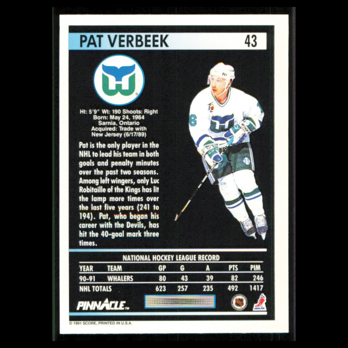 Pat Verbeek #43 1991 Pinnacle Hartford Whalers Hockey Card NHL NM