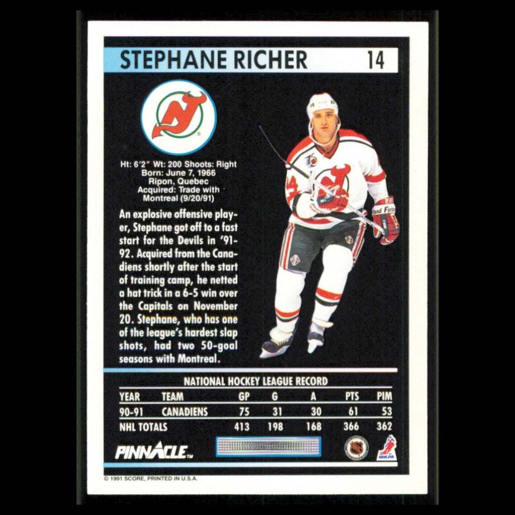 Stephane Richer #14 1991 Pinnacle New Jersey Devils Hockey Card NHL NM