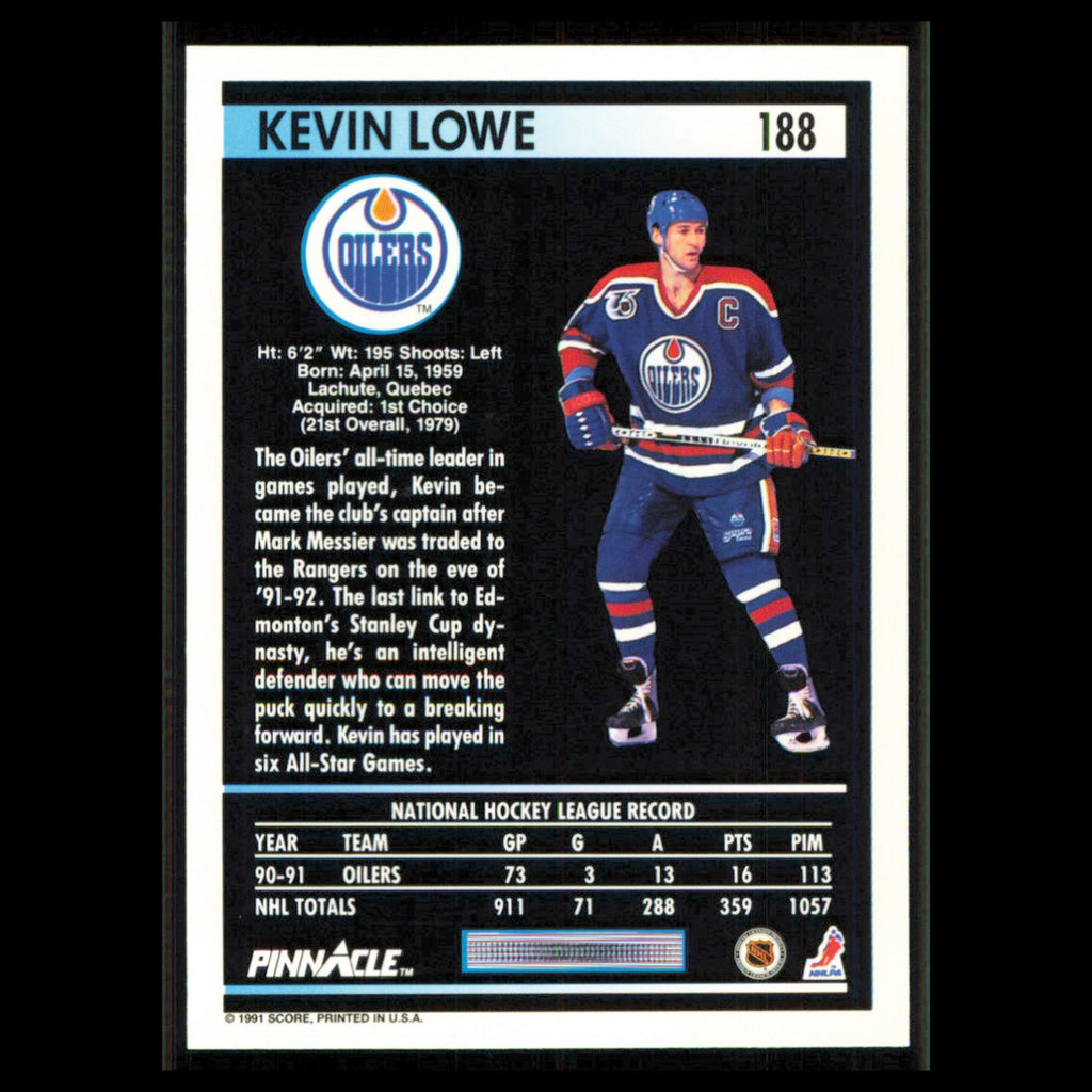 Kevin Lowe #188 1991 Pinnacle Edmonton Oilers Hockey Card NHL NM