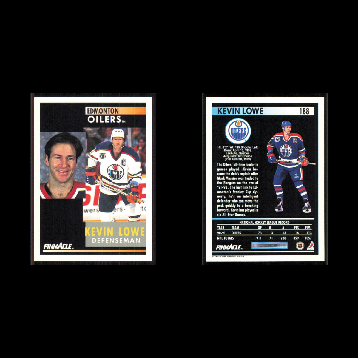 Kevin Lowe #188 1991 Pinnacle Edmonton Oilers Hockey Card NHL NM