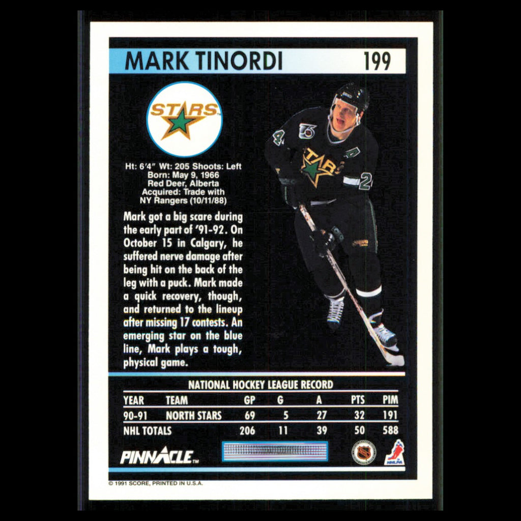 Mark Tinordi #199 1991 Pinnacle Minnesota North Stars Hockey Card NHL NM