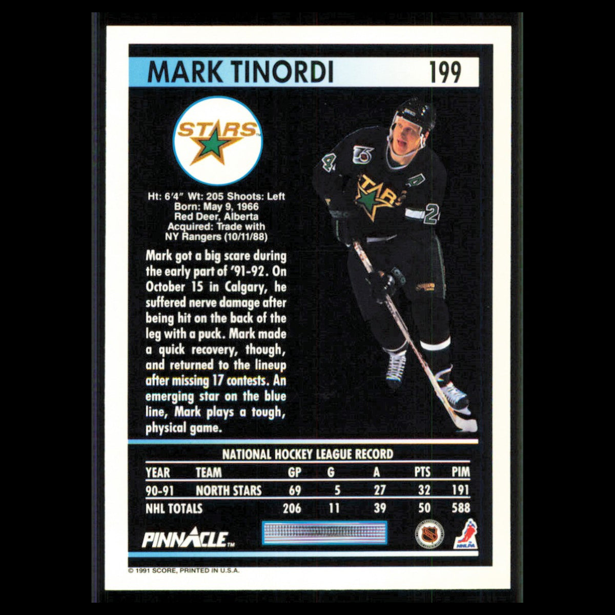 Mark Tinordi #199 1991 Pinnacle Minnesota North Stars Hockey Card NHL NM