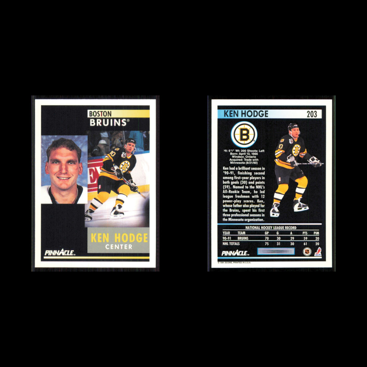 Ken Hodge #203 1991 Pinnacle Boston Bruins Hockey Card NHL NM