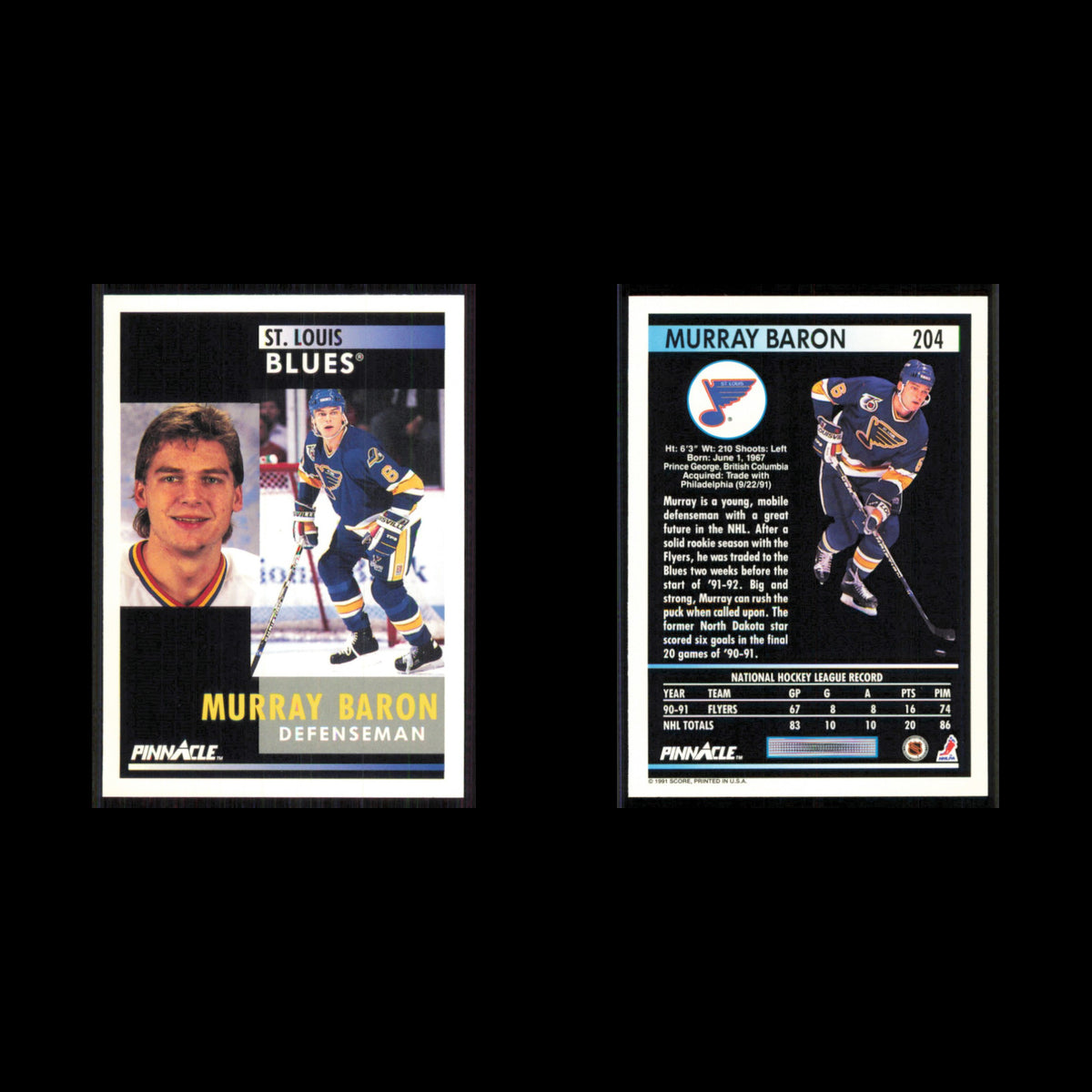 Murray Baron #204 1991 Pinnacle St. Louis Blues Hockey Card NHL NM