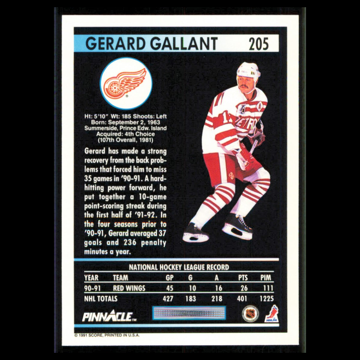 Gerard Gallant #205 1991 Pinnacle Detroit Red Wings Hockey Card NHL NM