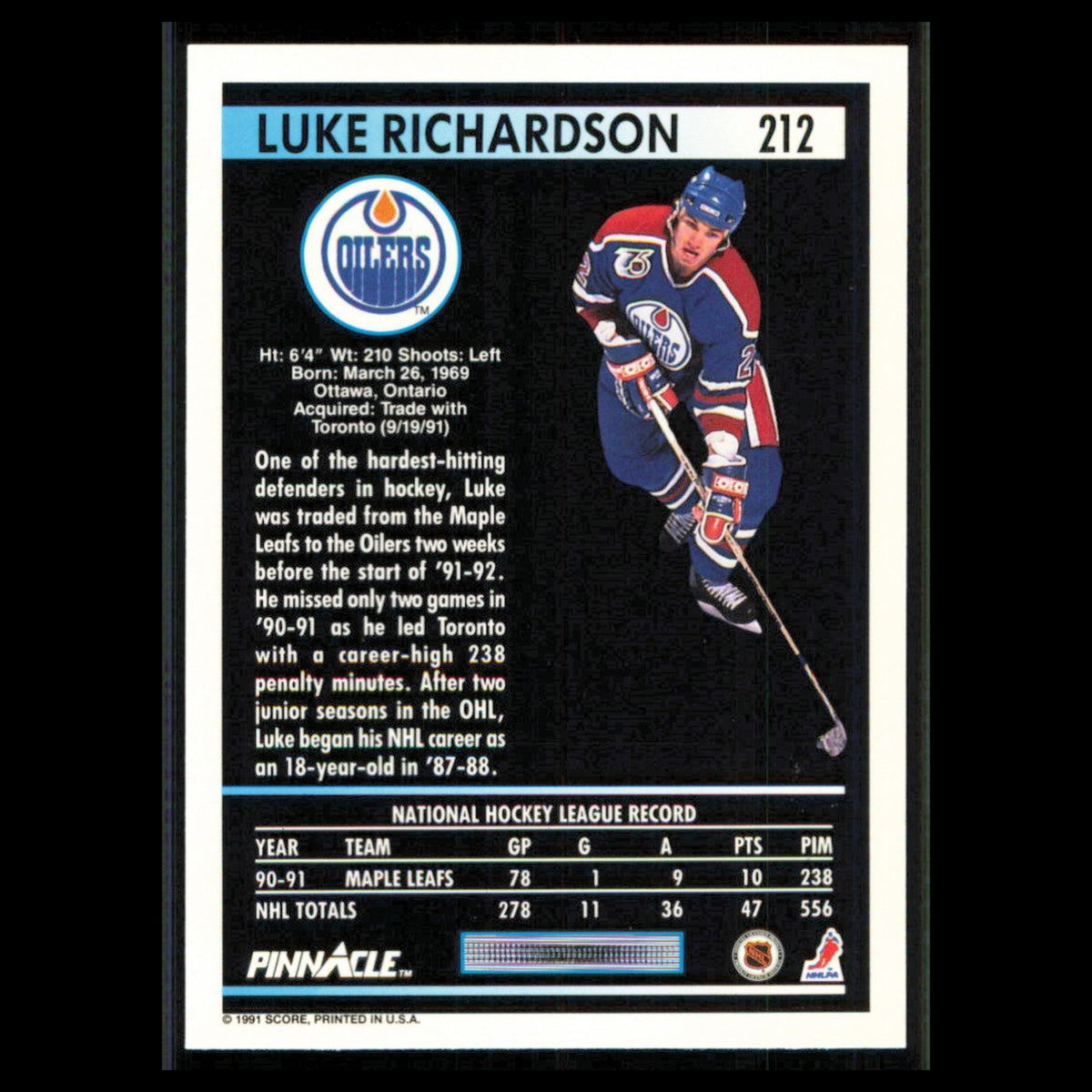 Luke Richardson #212 1991 Pinnacle Edmonton Oilers Hockey Card NHL NM