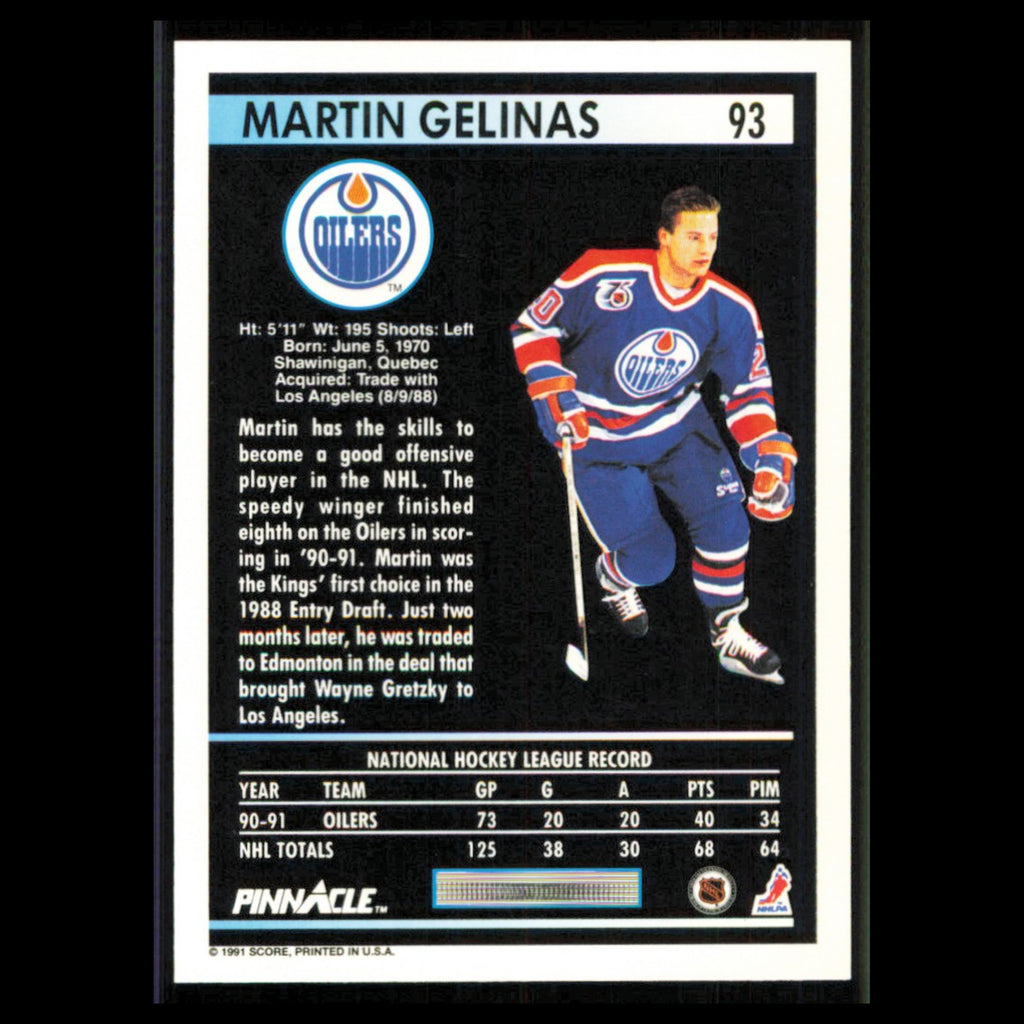 Martin Gelinas #93 1991 Pinnacle Edmonton Oilers Hockey Card NHL NM