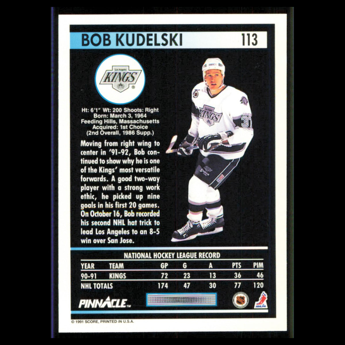 Bob Kudelski #113 1991 Pinnacle Los Angeles Kings Hockey Card NHL NM