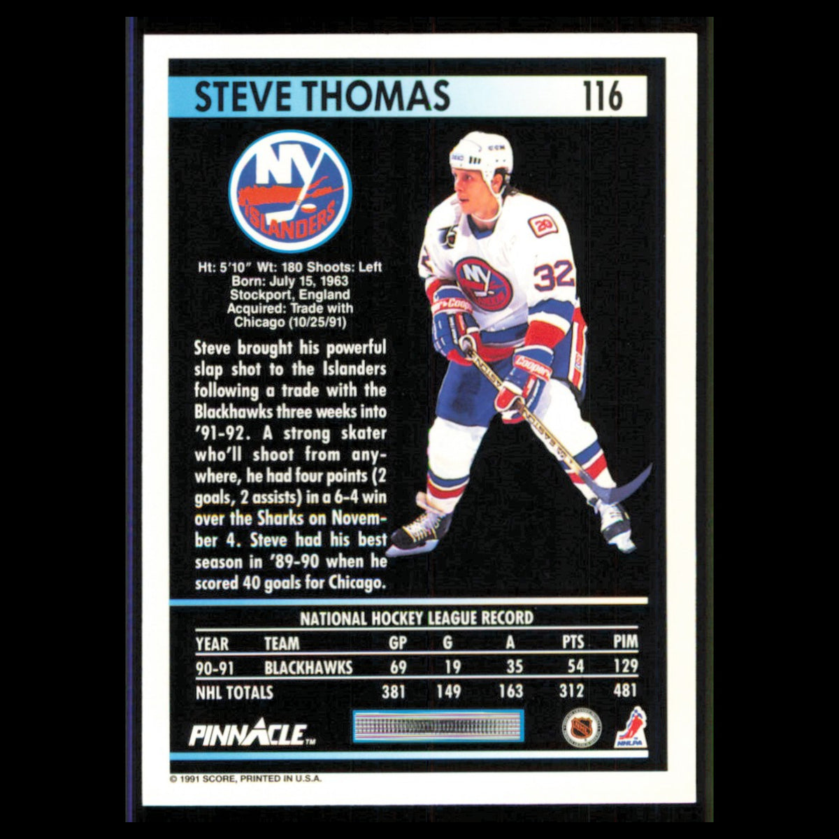 Steve Thomas #116 1991 Pinnacle New York Islanders Hockey Card NHL NM