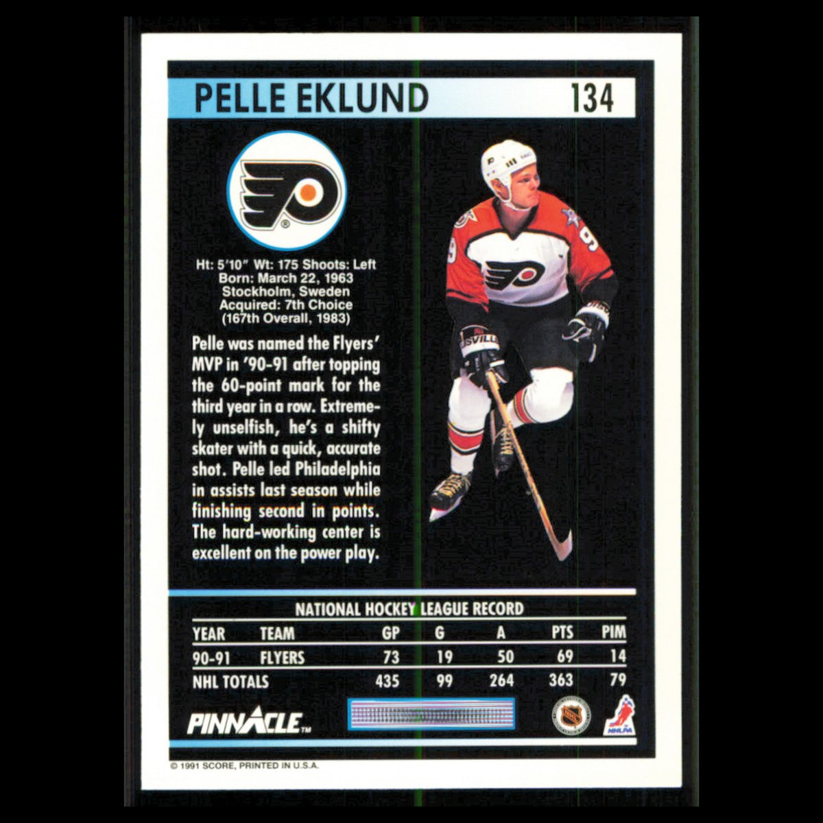 Pelle Eklund #134 1991 Pinnacle Philadelphia Flyers Hockey Card NHL NM