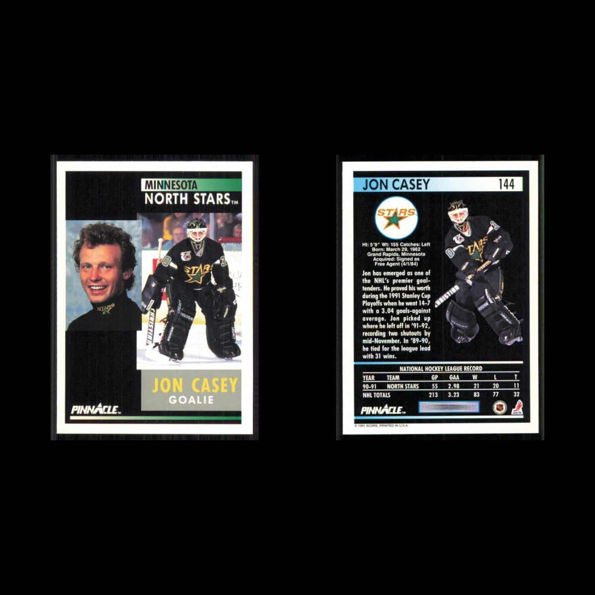 Jon Casey #144 1991 Pinnacle Minnesota North Stars Hockey Card NHL NM