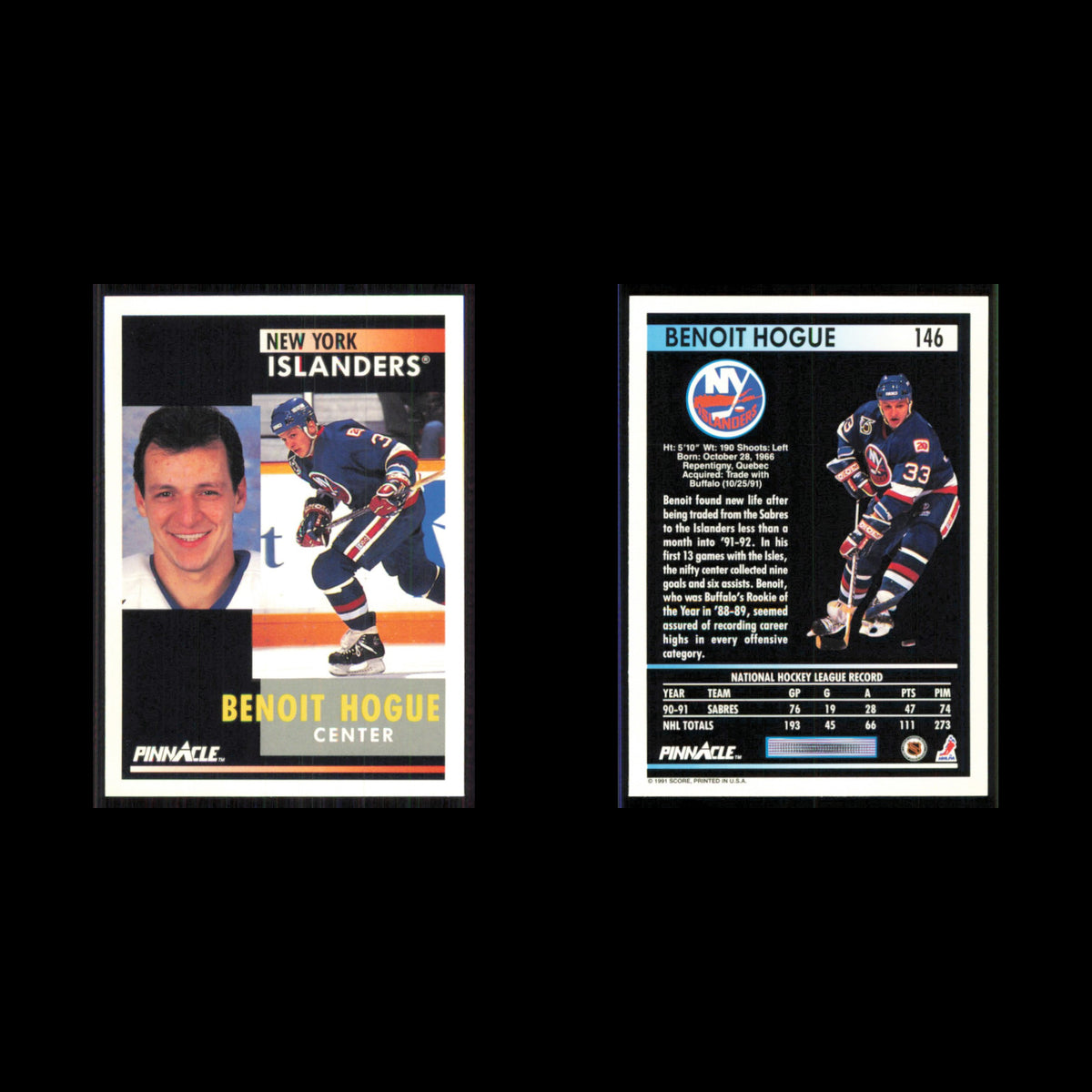 Benoit Hogue #146 1991 Pinnacle New York Islanders Hockey Card NHL NM