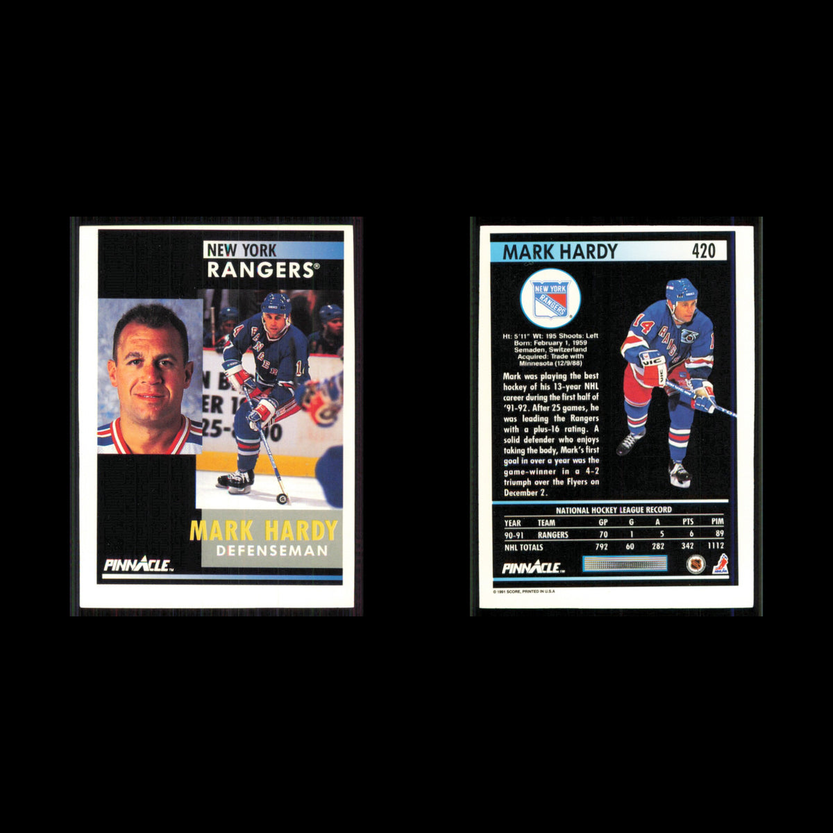 Mark Hardy #420 1991 Pinnacle New York Rangers Hockey Card NHL NM