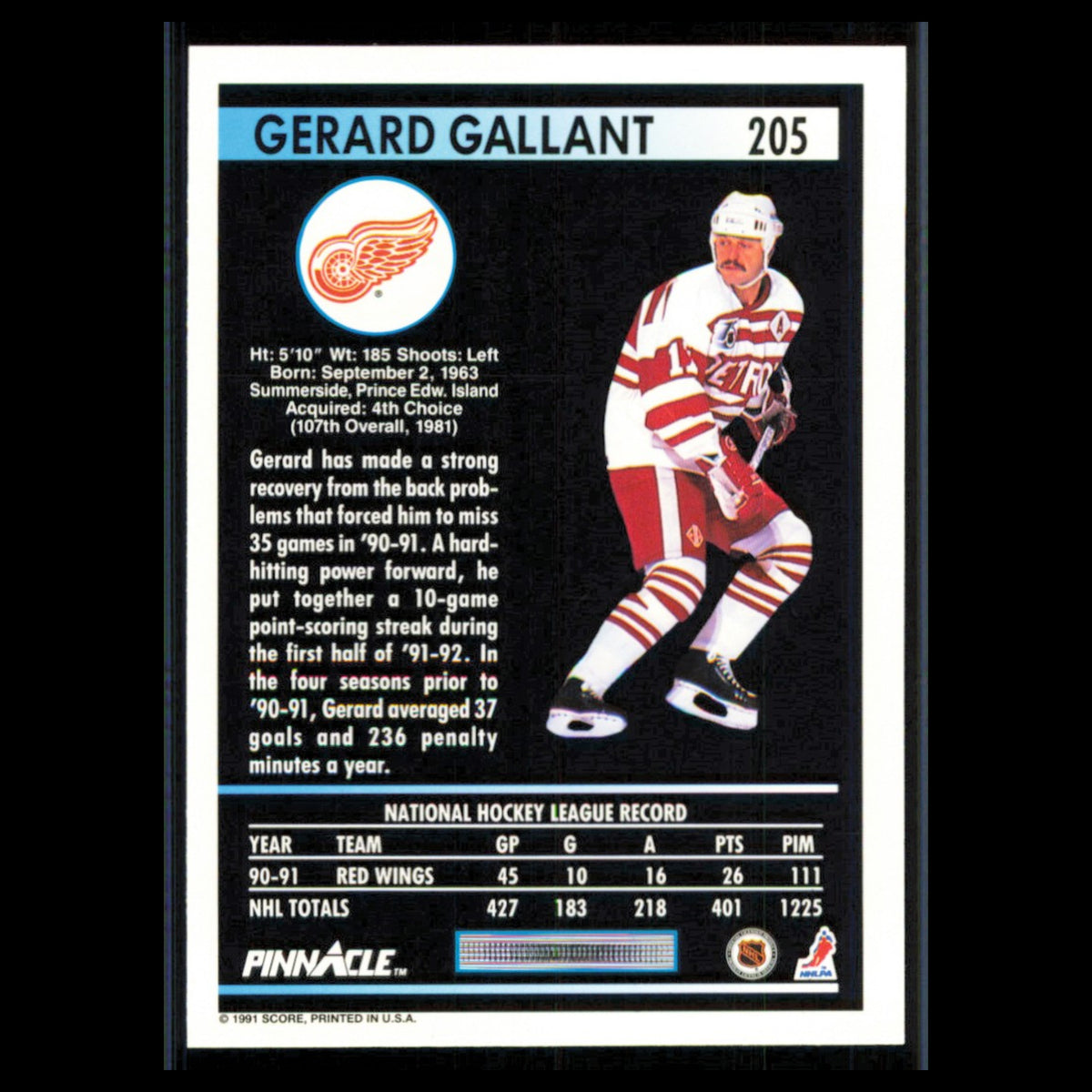 Gerard Gallant #205 1991 Pinnacle Detroit Red Wings Hockey Card NHL NM