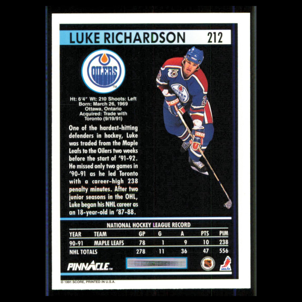 Luke Richardson #212 1991 Pinnacle Edmonton Oilers Hockey Card NHL NM