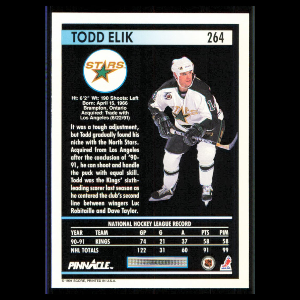 Todd Elik #264 1991 Pinnacle Minnesota North Stars Hockey Card NHL NM