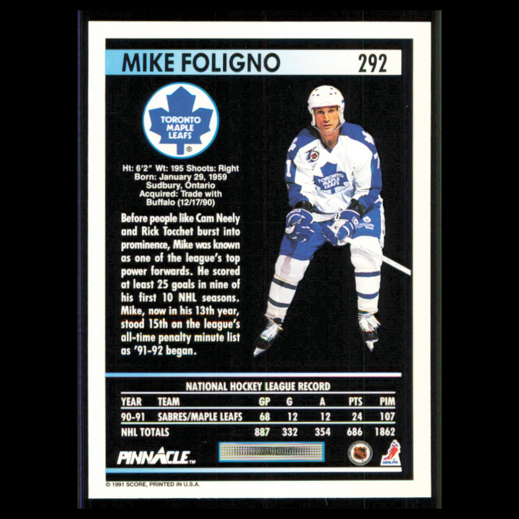 Mike Foligno #292 1991 Pinnacle Toronto Maple Leafs Hockey Card NHL NM