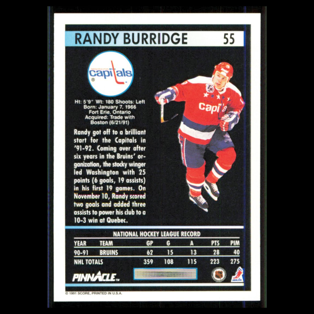Randy Burridge #55 1991 Pinnacle Washington Capitals Hockey Card NHL NM