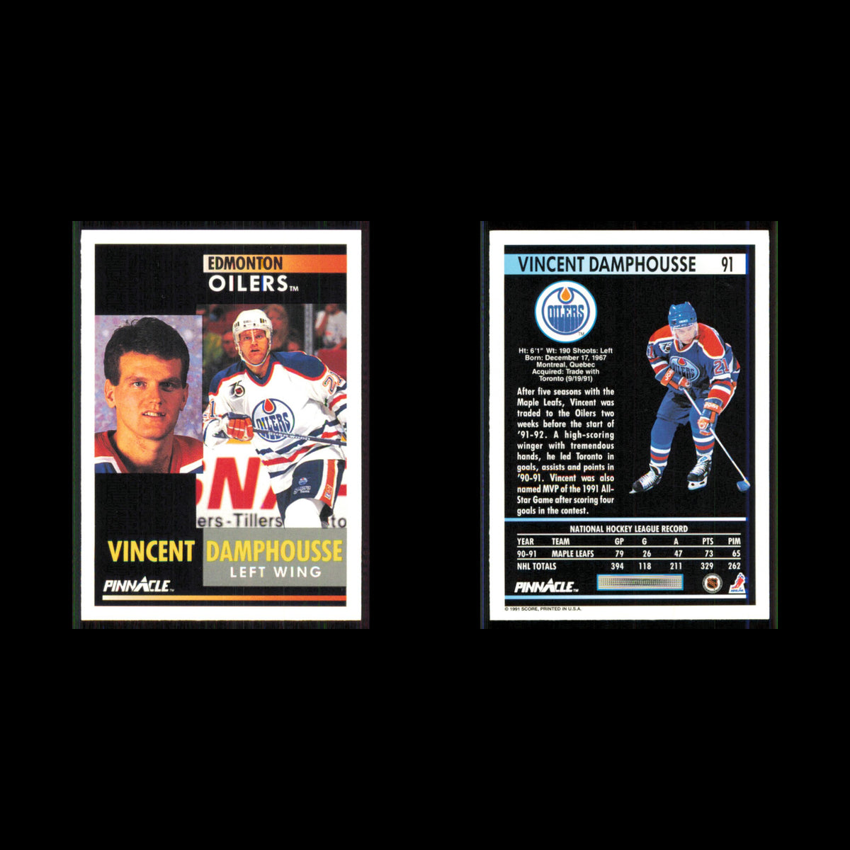 Vincent Damphousse #91 1991 Pinnacle Edmonton Oilers Hockey Card NHL NM