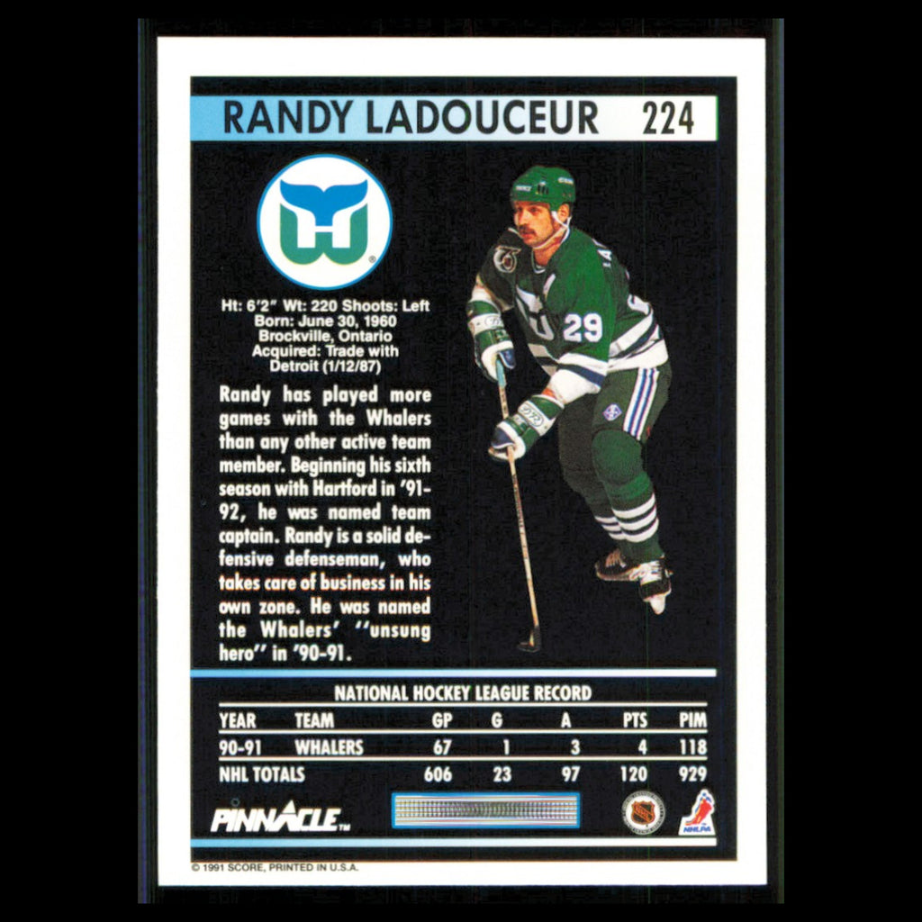 Randy Ladouceur #224 1991 Pinnacle Hartford Whalers Hockey Card NHL NM