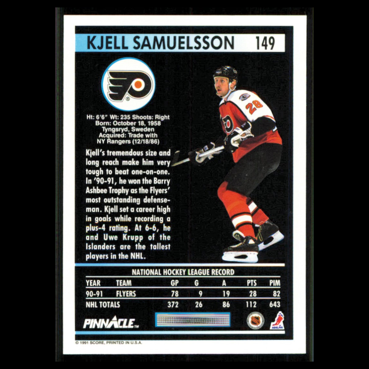 Kjell Samuelsson #149 1991 Pinnacle Philadelphia Flyers Hockey Card NHL NM