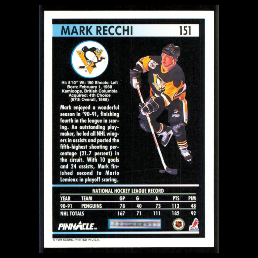 Mark Recchi #151 1991 Pinnacle Pittsburgh Penguins Hockey Card NHL NM