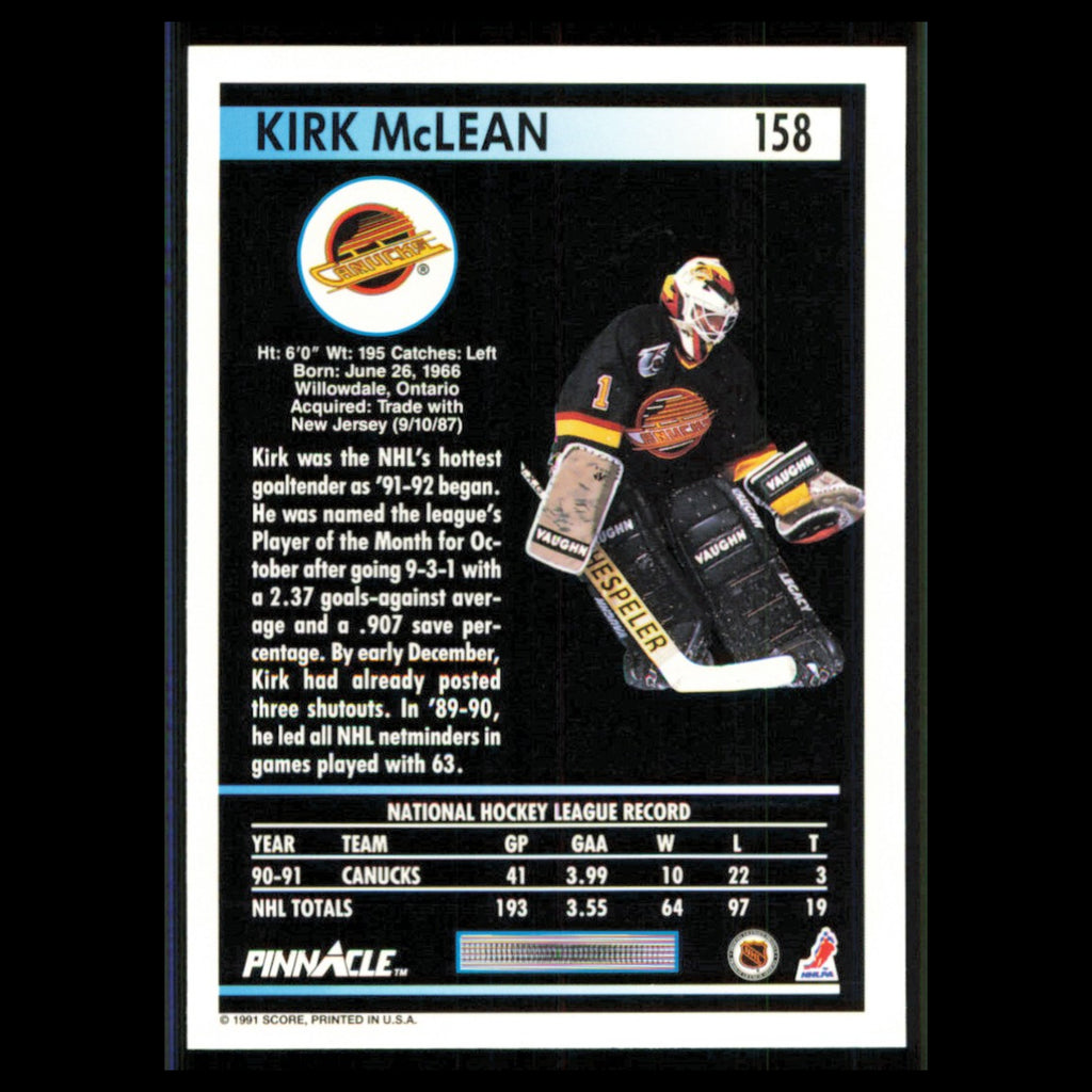 Kirk McLean #158 1991 Pinnacle Vancouver Canucks Hockey Card NHL NM