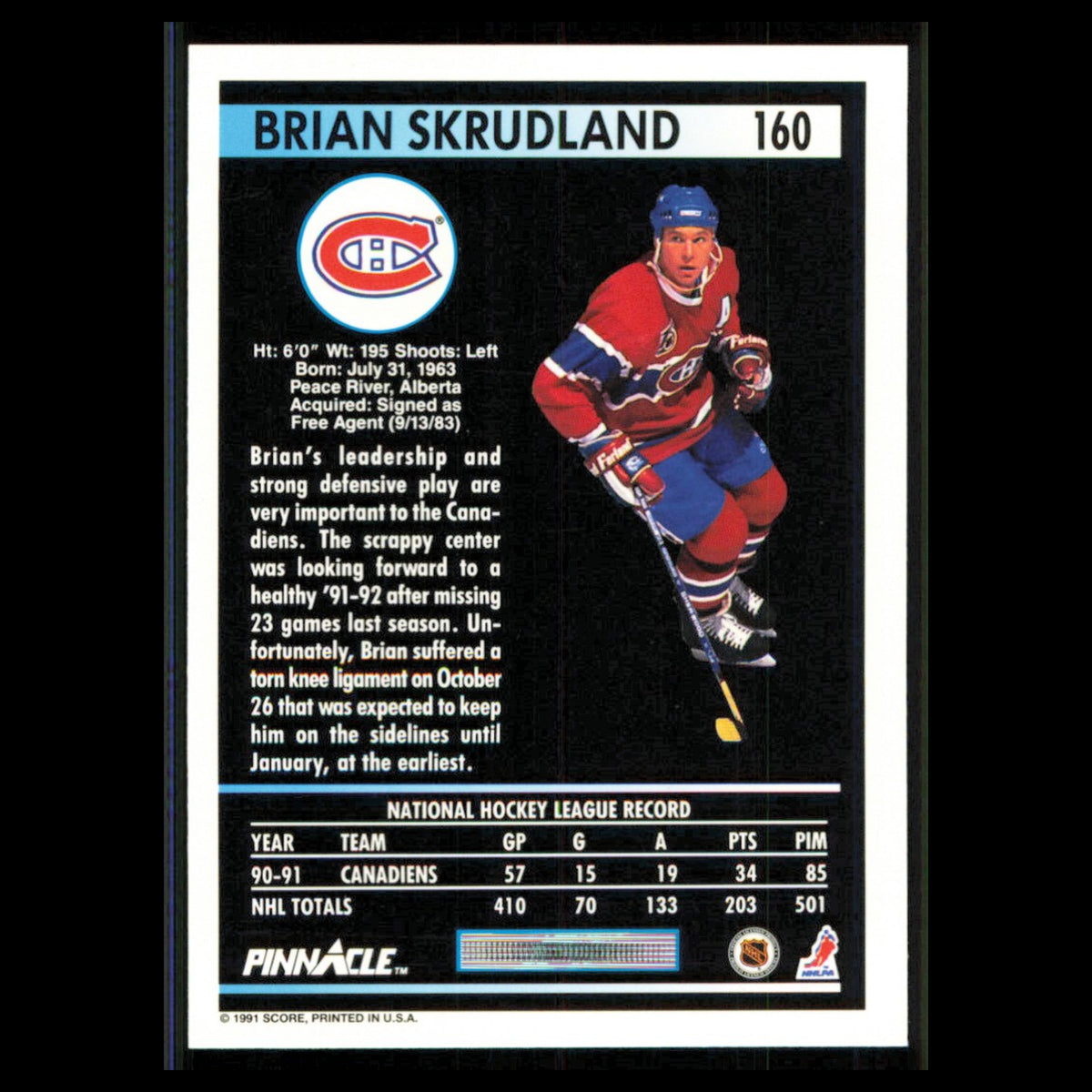 Brian Skrudland #160 1991 Pinnacle Montreal Canadiens Hockey Card NHL NM