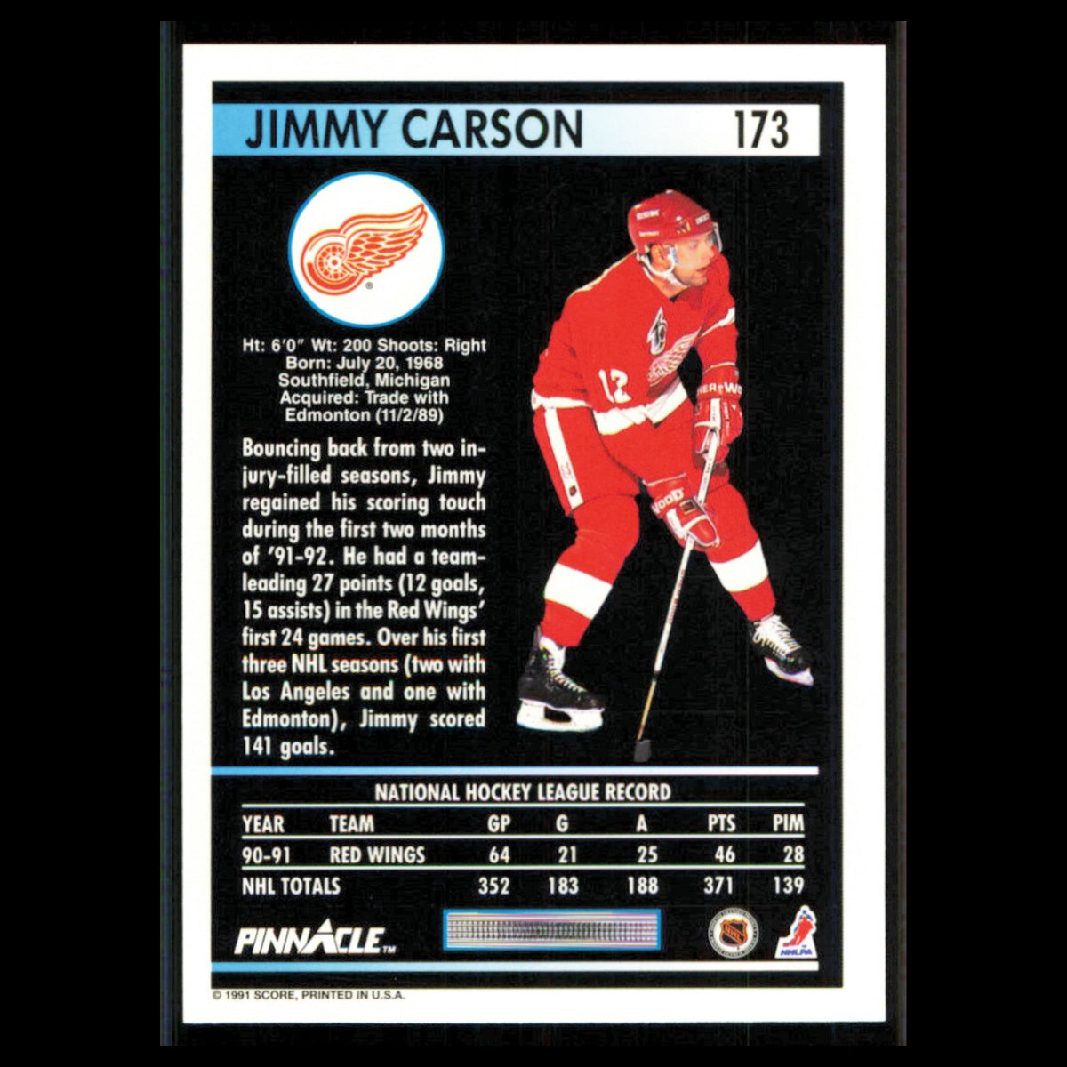 Jimmy Carson #173 1991 Pinnacle Detroit Red Wings Hockey Card NHL NM