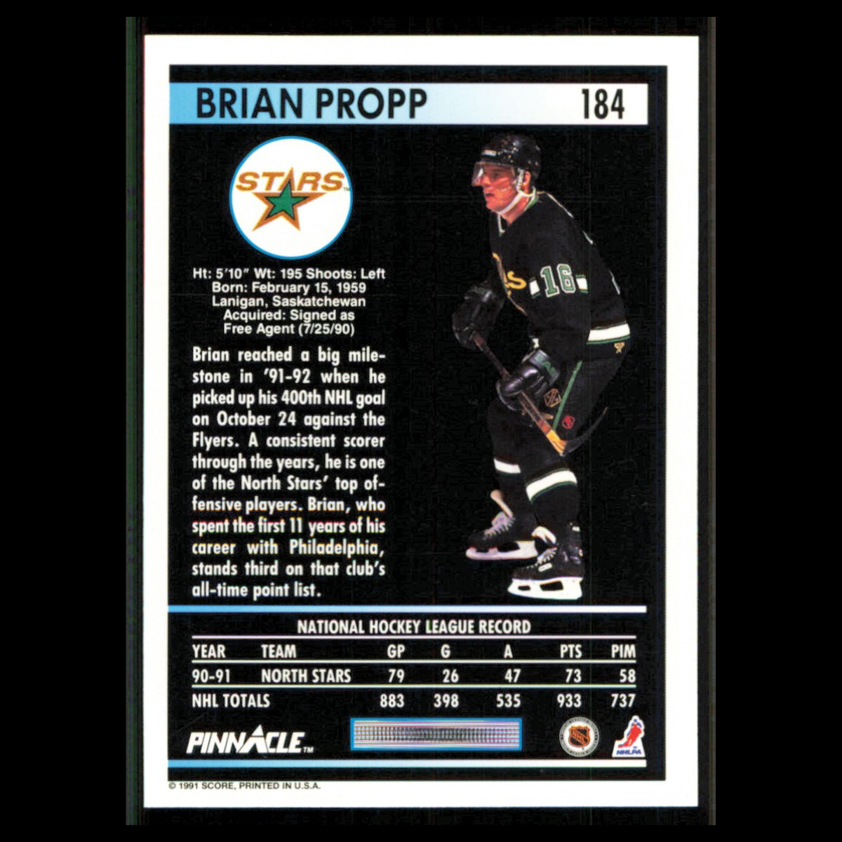 Brian Propp #184 1991 Pinnacle Minnesota North Stars Hockey Card NHL NM