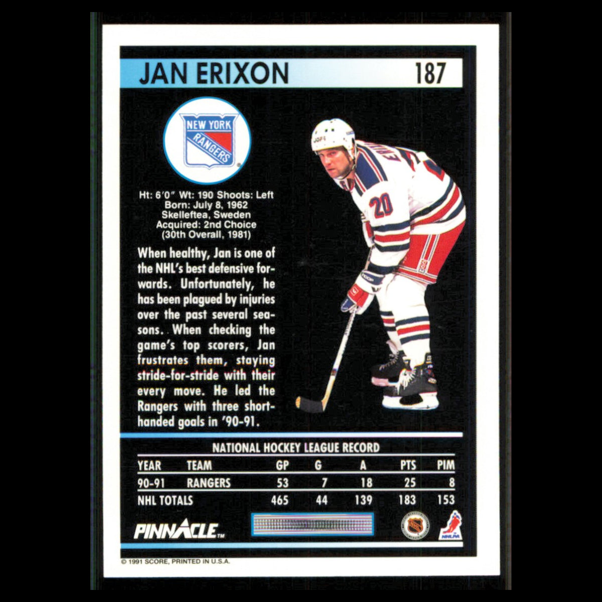 Jan Erixon #187 1991 Pinnacle New York Rangers Hockey Card NHL NM