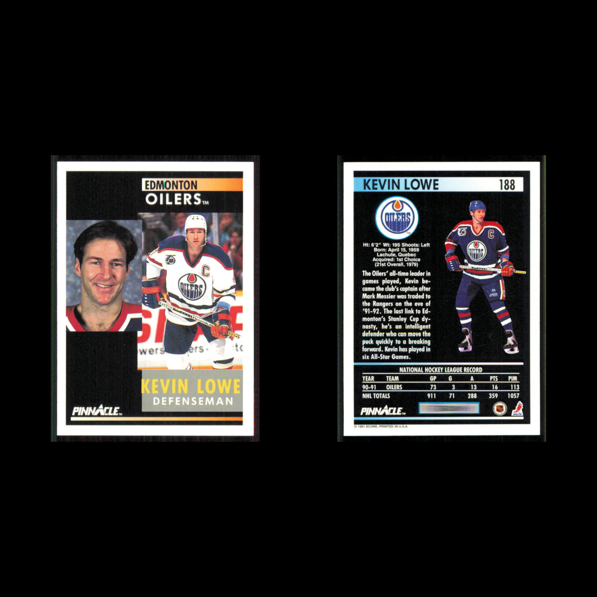 Kevin Lowe #188 1991 Pinnacle Edmonton Oilers Hockey Card NHL NM