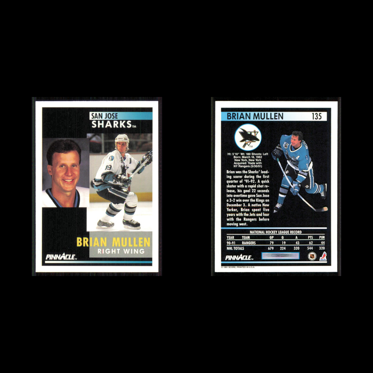 Brian Mullen #135 1991 Pinnacle San Jose Sharks Hockey Card NHL NM