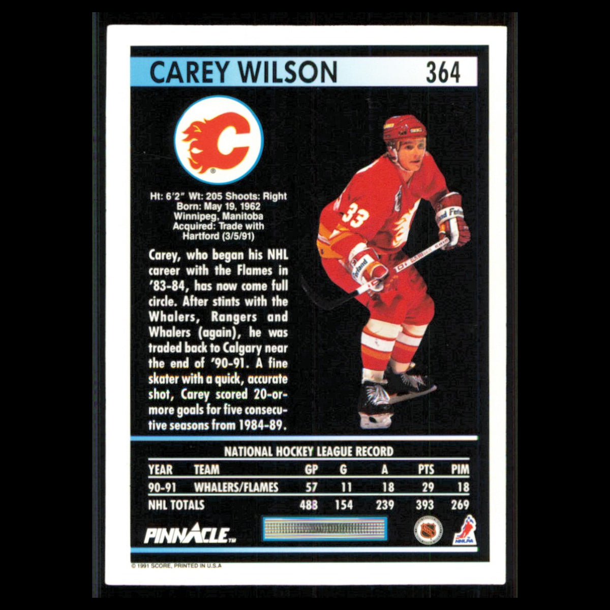 Carey Wilson #364 1991 Pinnacle Calgary Flames Hockey Card NHL NM