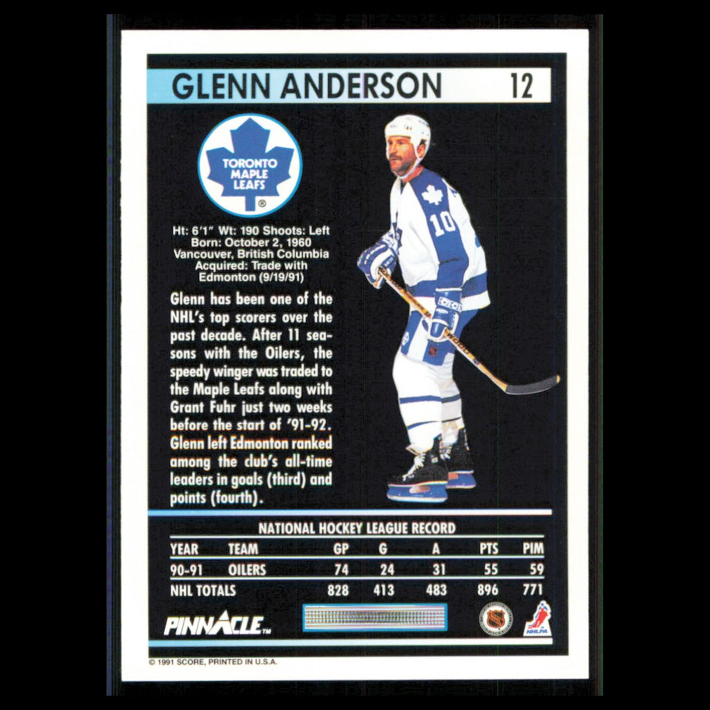 Glenn Anderson #12 1991 Pinnacle Toronto Maple Leafs Hockey Card NHL NM