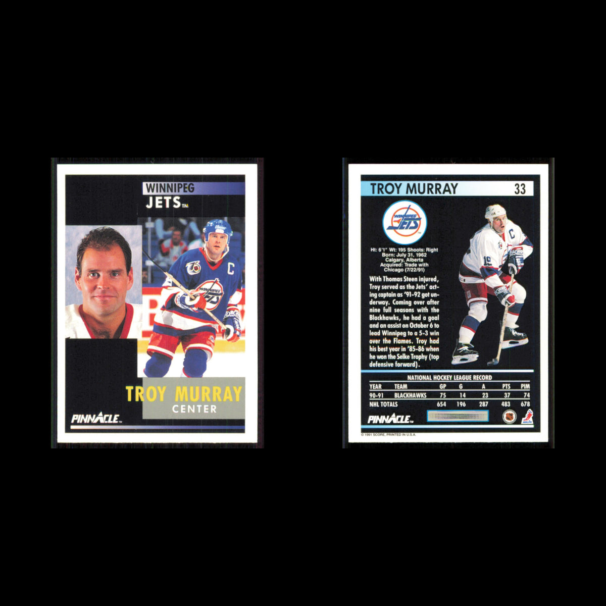 Troy Murray #33 1991 Pinnacle Winnipeg Jets Hockey Card NHL NM