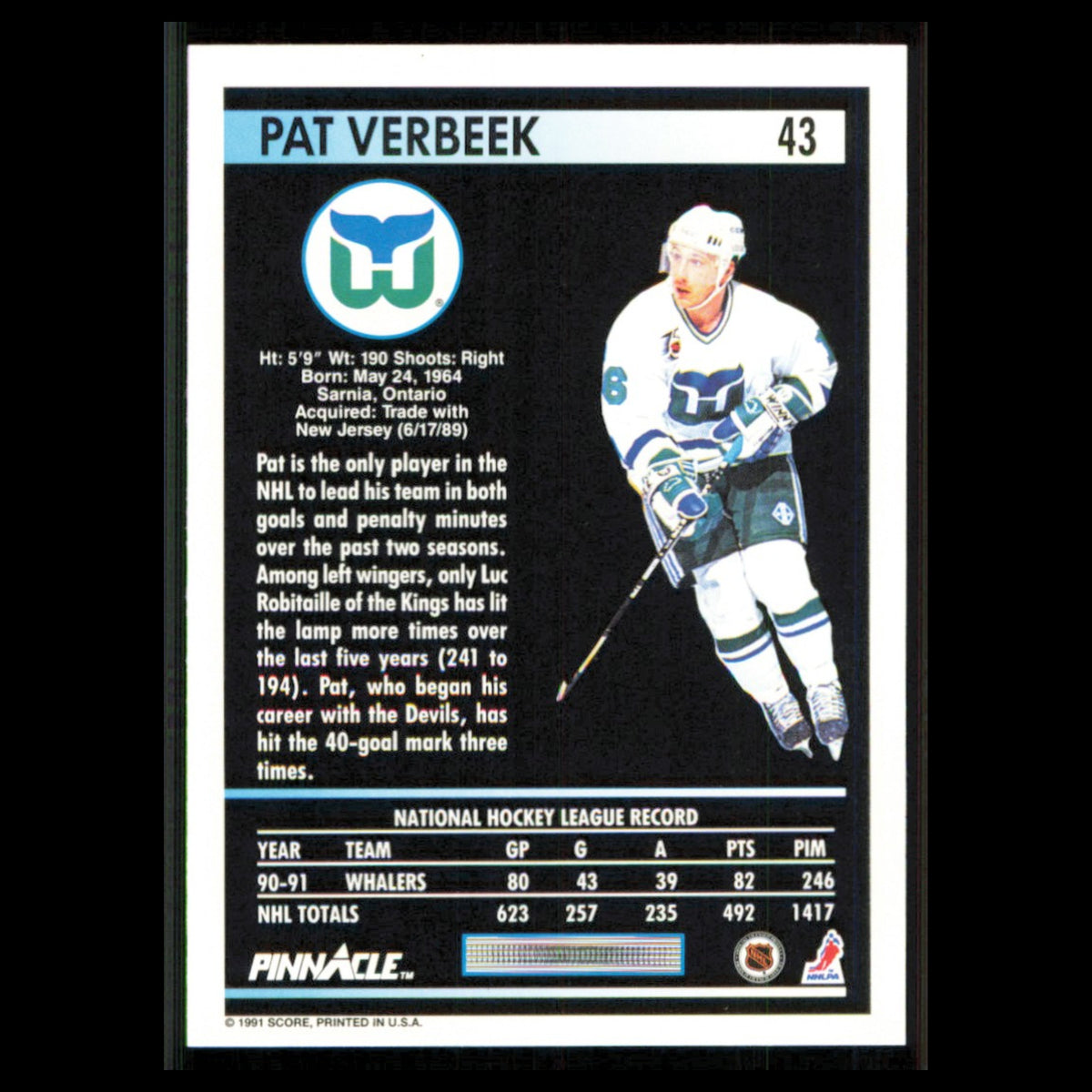 Pat Verbeek #43 1991 Pinnacle Hartford Whalers Hockey Card NHL NM
