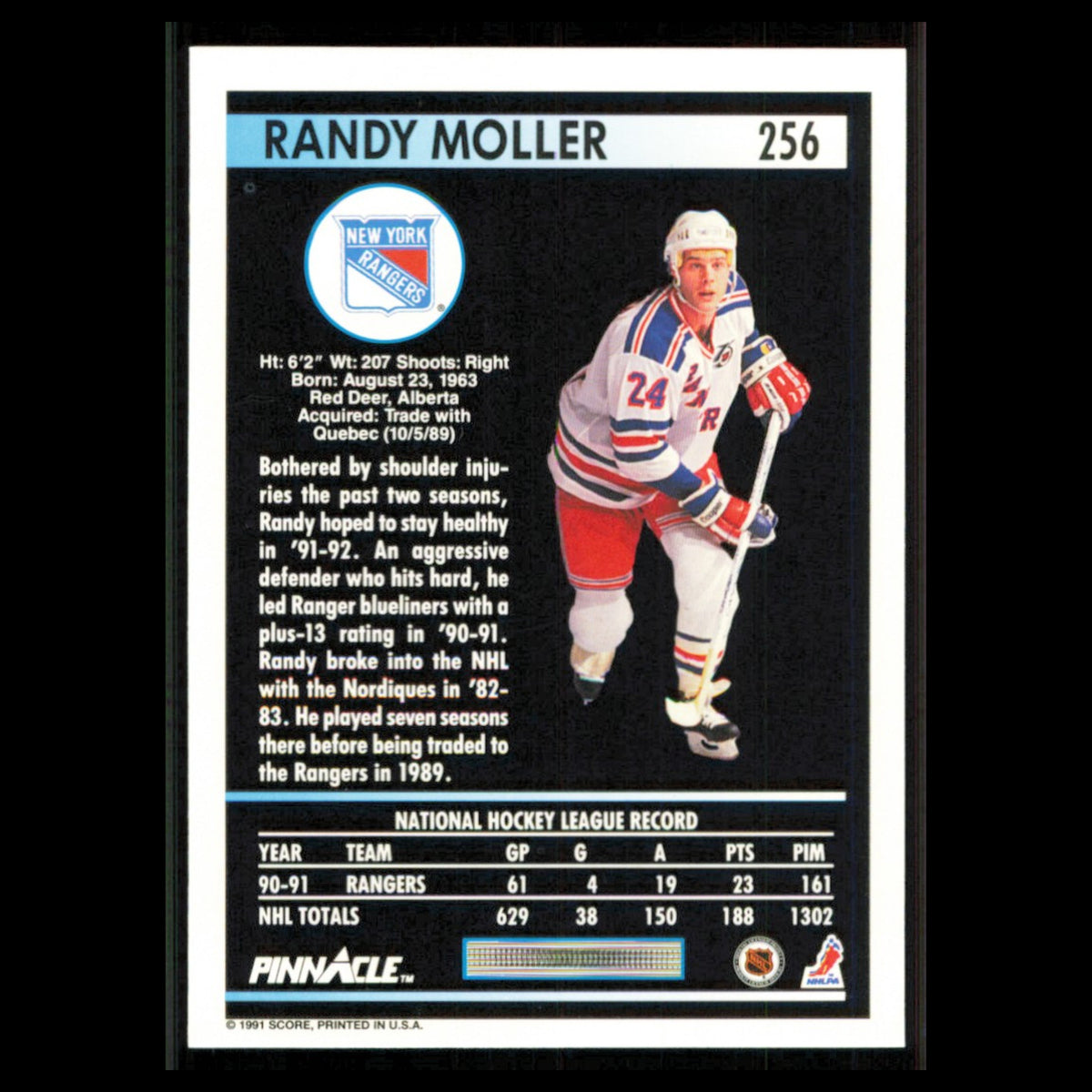 Randy Moller #256 1991 Pinnacle New York Rangers Hockey Card NHL NM