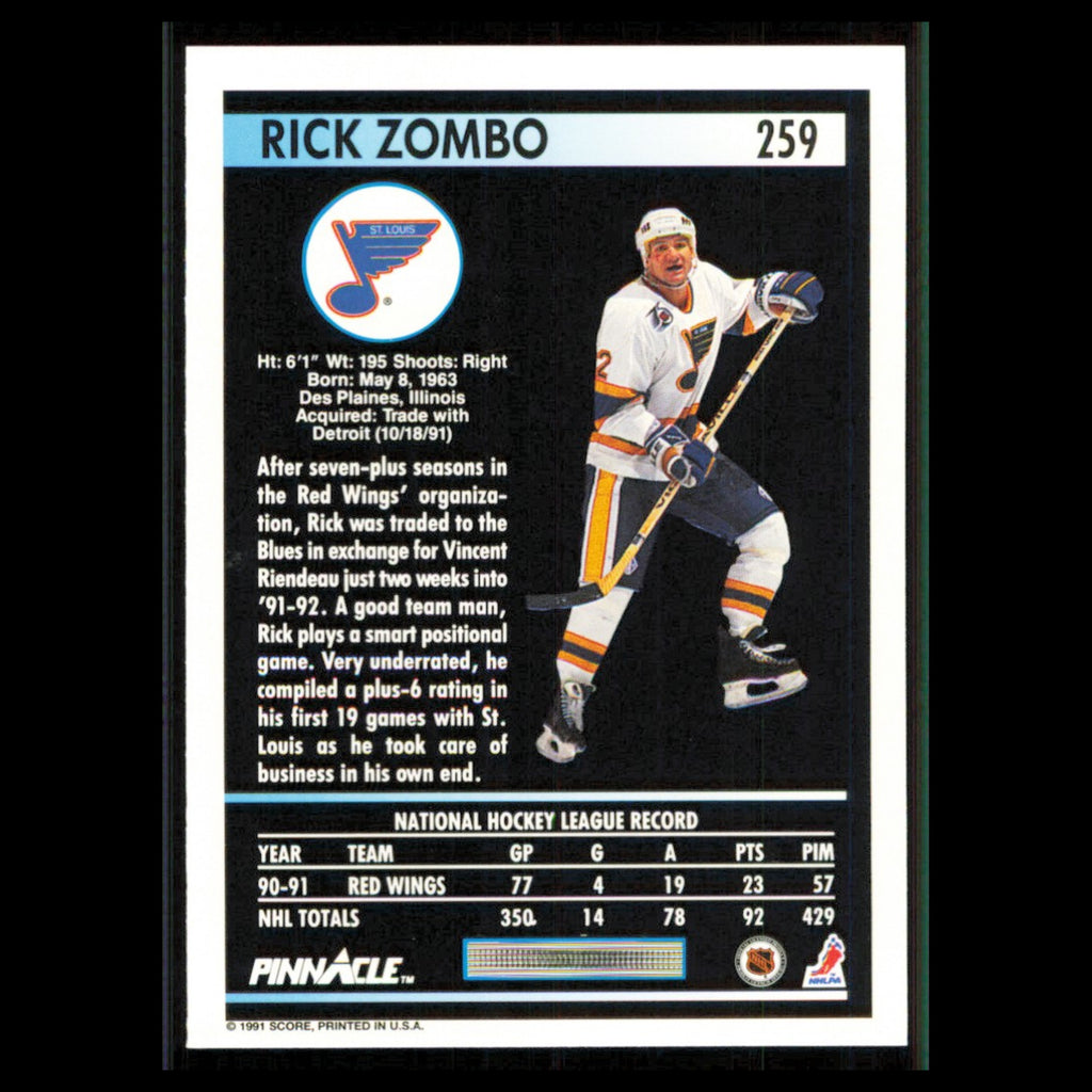 Rick Zombo #259 1991 Pinnacle St. Louis Blues Hockey Card NHL NM