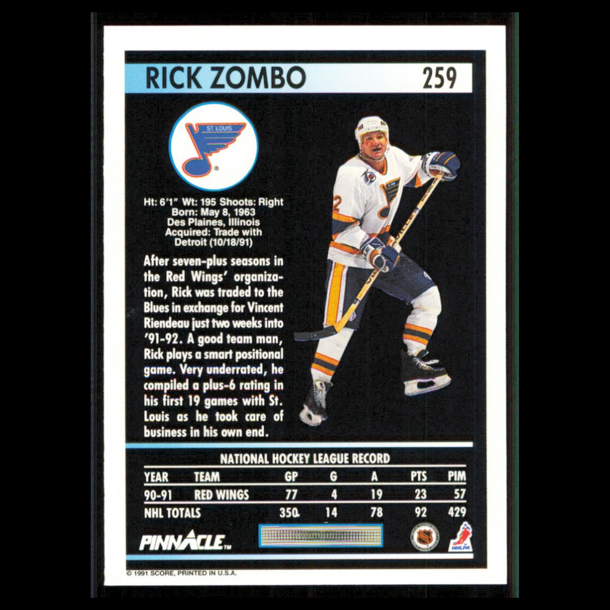 Rick Zombo #259 1991 Pinnacle St. Louis Blues Hockey Card NHL NM