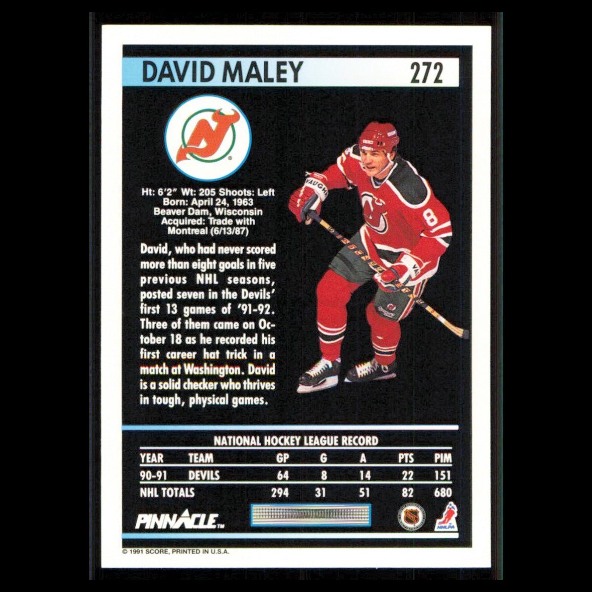 David Maley #272 1991 Pinnacle New Jersey Devils Hockey Card NHL NM