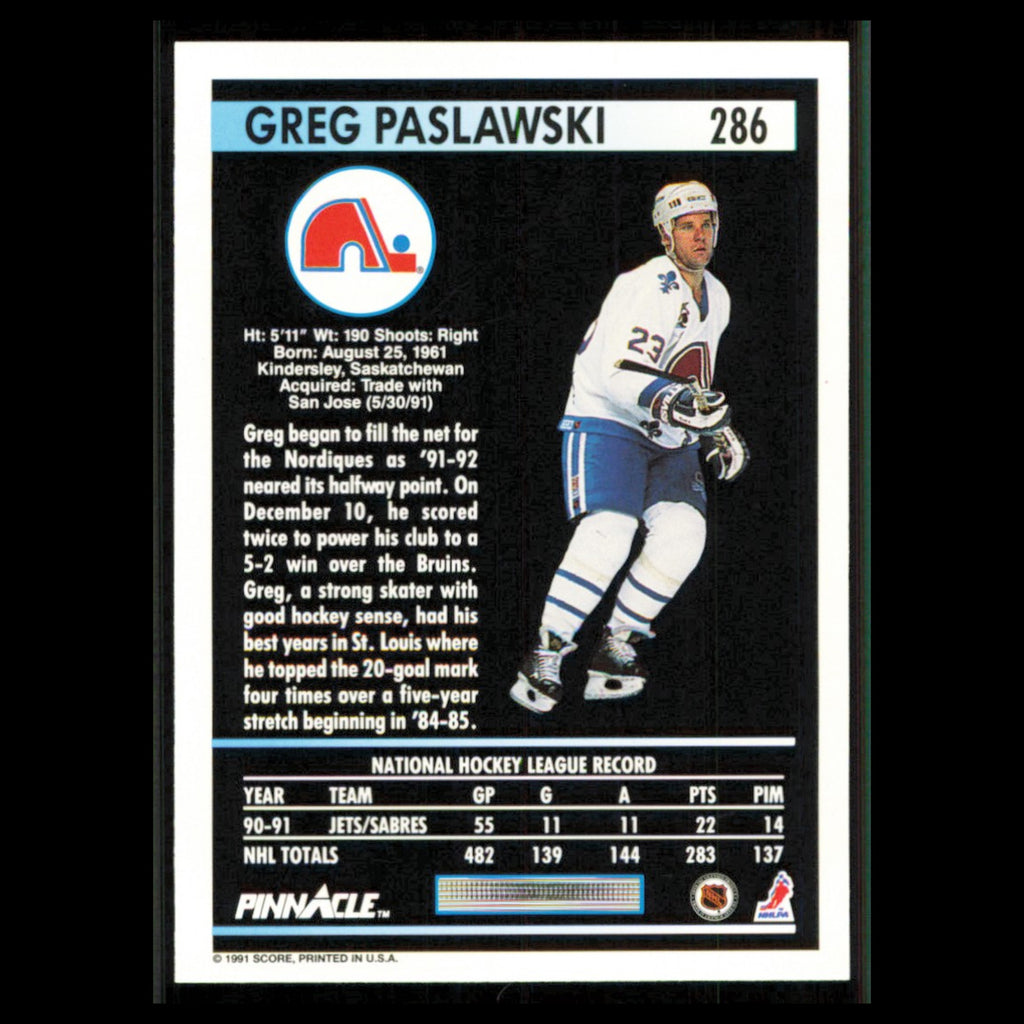 Greg Paslawski #286 1991 Pinnacle Quebec Nordiques Hockey Card NHL NM
